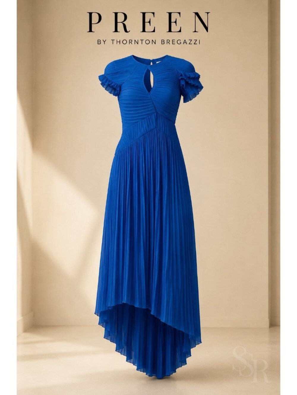 Preen by Thornton Bregazzi Milly Blue Pleated Georgette Dress NWT US 4 Asymmetri